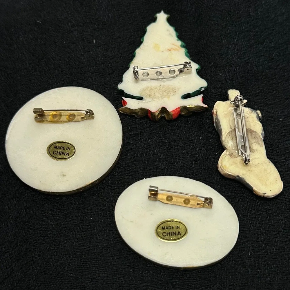 Vintage Christmas Resin Brooch Pin Lot of 4 Santa Tree Wise Men Stocking Holiday